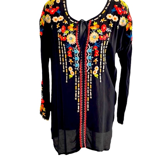 JOHNNY WAS black top with colorful embroidery in XS, EUC - Picture 1 of 11